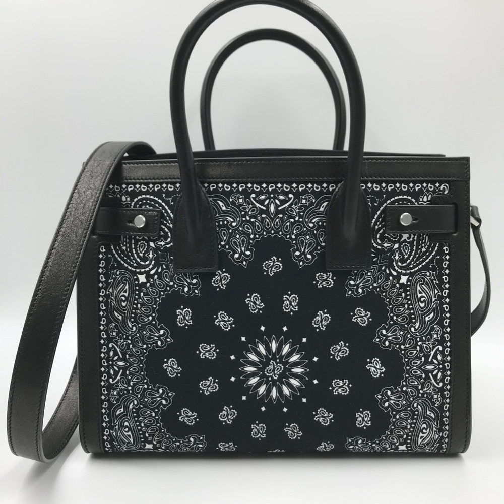 Saint Laurent Black and White Bandana-Print Leather Sac de Jour Crossbody Bag - Picture 2 of 7